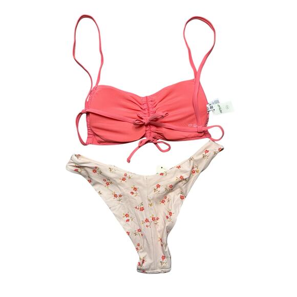 Aerie Two Piece Swimsuit Bikini Bandeau Top Cheeky Bottoms Ditsy Floral Pink S - Picture 2 of 5